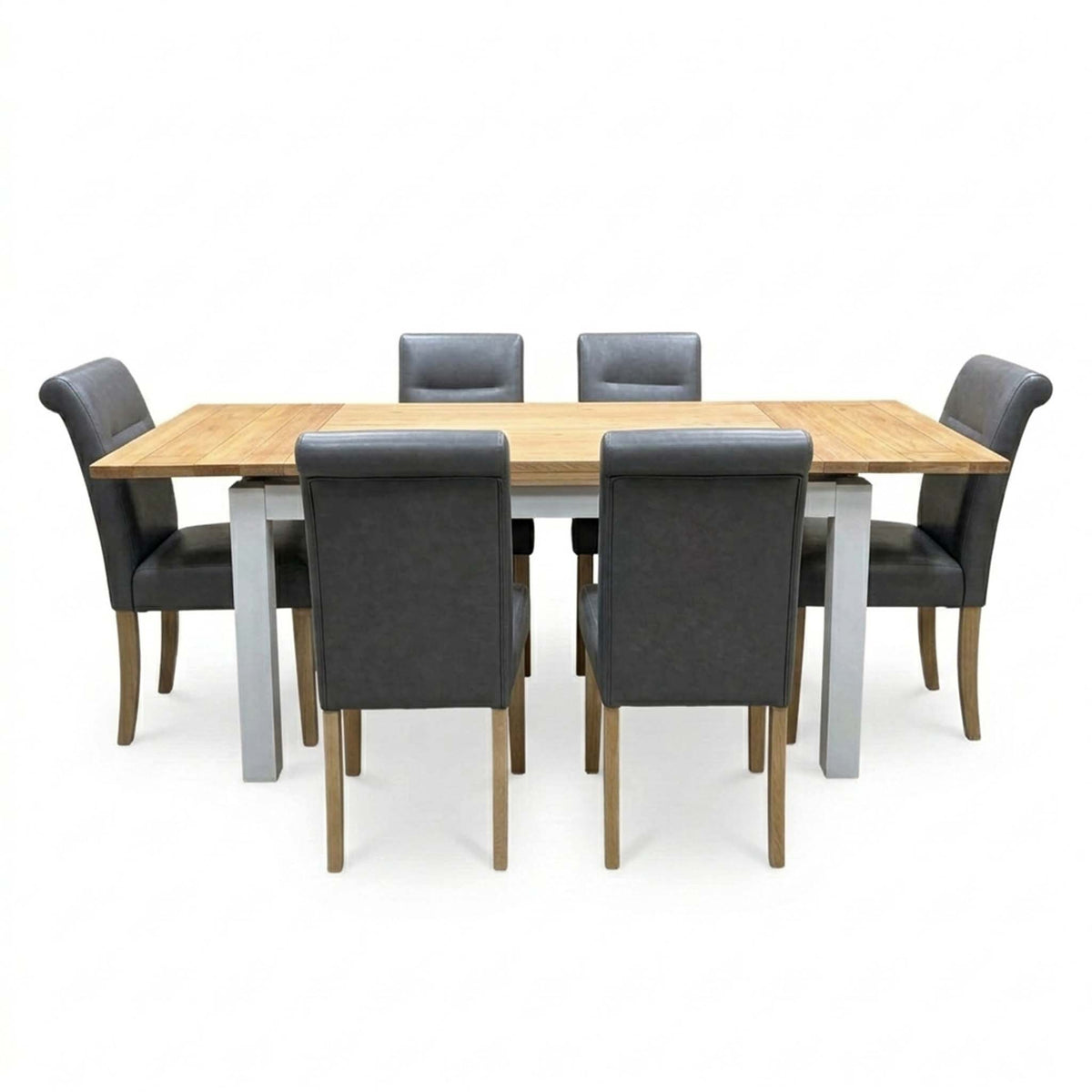 'Lewis' Solid Oak 120cm Large Draw Leaf Extending Dining Table with Dark Grey Faux Leather Roll Back Dining Chairs - Set of 6