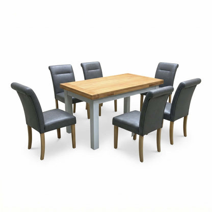 'Lewis' Solid Oak 120cm Large Draw Leaf Extending Dining Table with Dark Grey Faux Leather Roll Back Dining Chairs - Set of 6