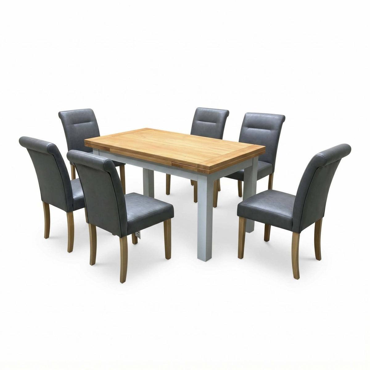 'Lewis' Solid Oak 120cm Large Draw Leaf Extending Dining Table with Dark Grey Faux Leather Roll Back Dining Chairs - Set of 6
