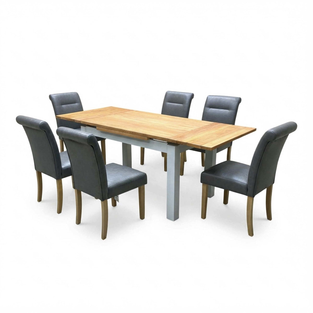 'Lewis' Solid Oak 120cm Large Draw Leaf Extending Dining Table with Dark Grey Faux Leather Roll Back Dining Chairs - Set of 6