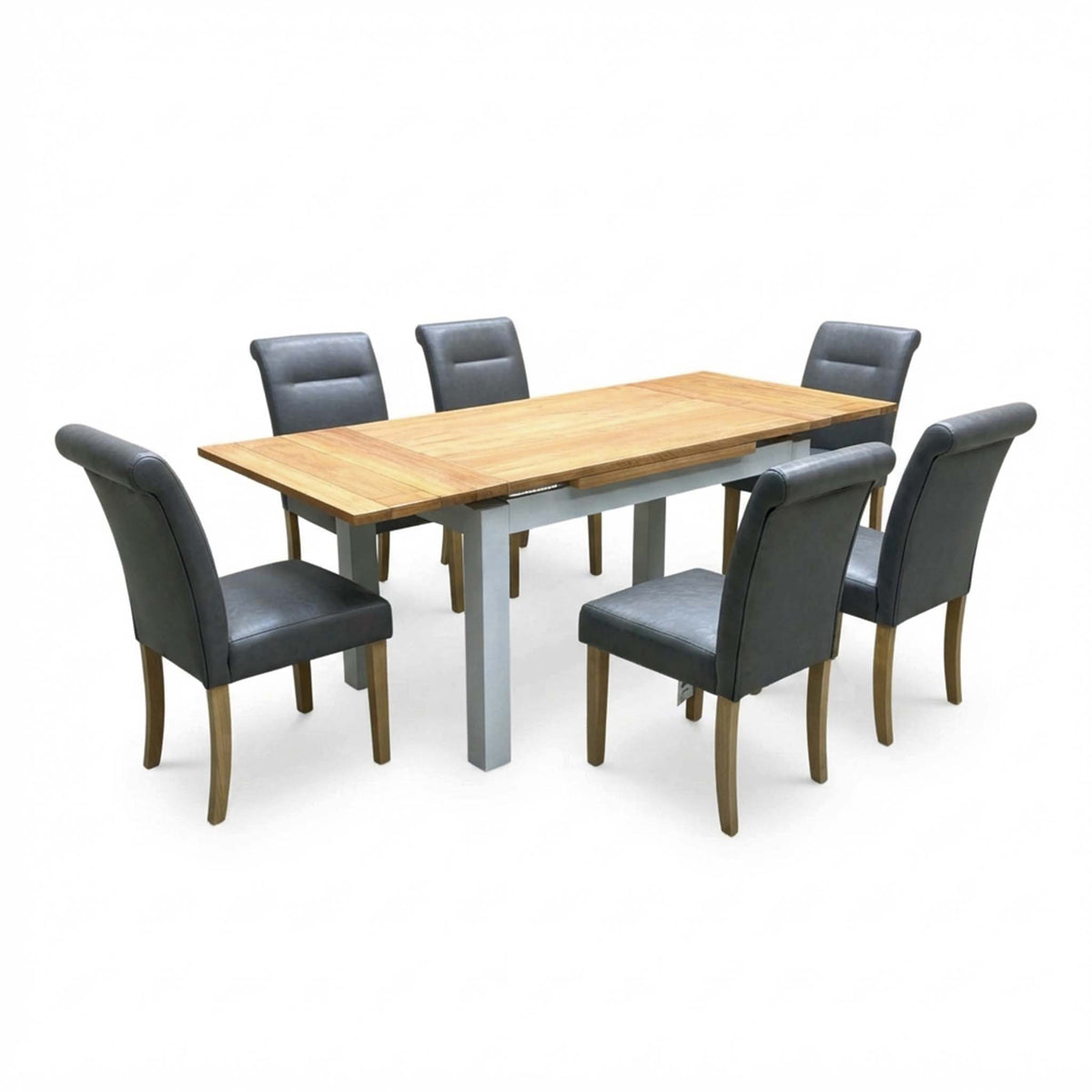 'Lewis' Solid Oak 120cm Large Draw Leaf Extending Dining Table with Dark Grey Faux Leather Roll Back Dining Chairs - Set of 6