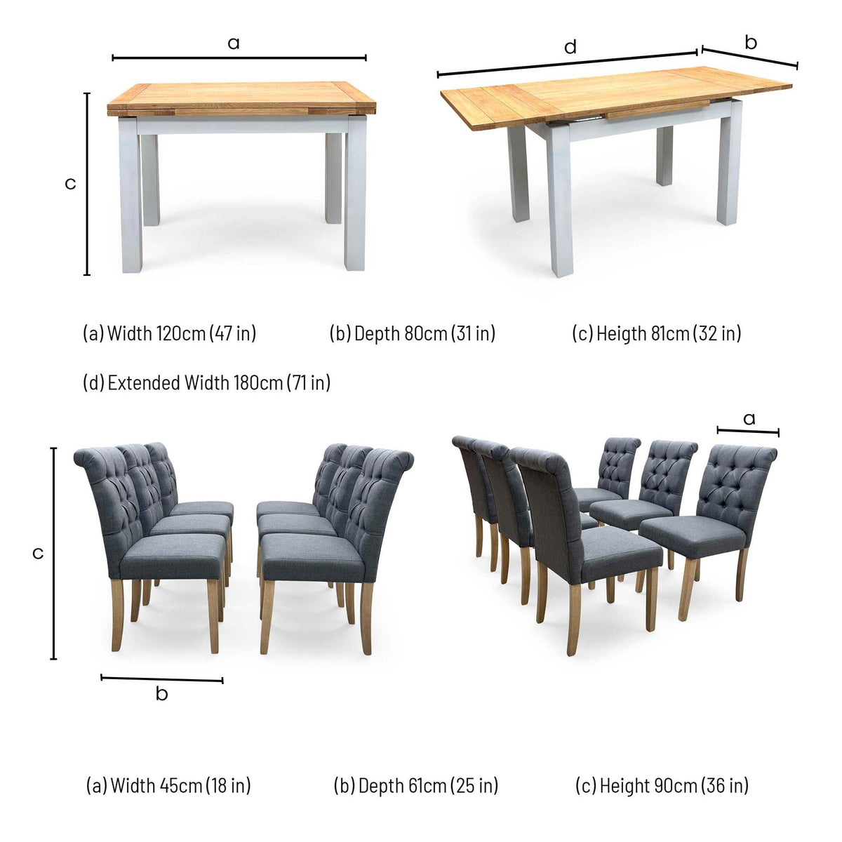 'Lewis' Solid Oak 120cm Large Draw Leaf Extending Dining Table with Anthracite Charcoal Grey Fabric Dining Chairs- Set of 6