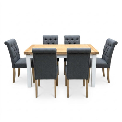 'Lewis' Solid Oak 120cm Large Draw Leaf Extending Dining Table with Anthracite Charcoal Grey Fabric Dining Chairs- Set of 6