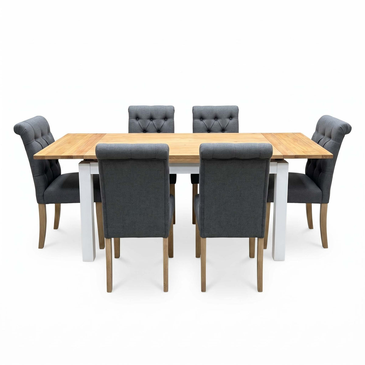 'Lewis' Solid Oak 120cm Large Draw Leaf Extending Dining Table with Anthracite Charcoal Grey Fabric Dining Chairs- Set of 6