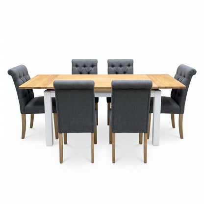 'Lewis' Solid Oak 120cm Large Draw Leaf Extending Dining Table with Anthracite Charcoal Grey Fabric Dining Chairs- Set of 6