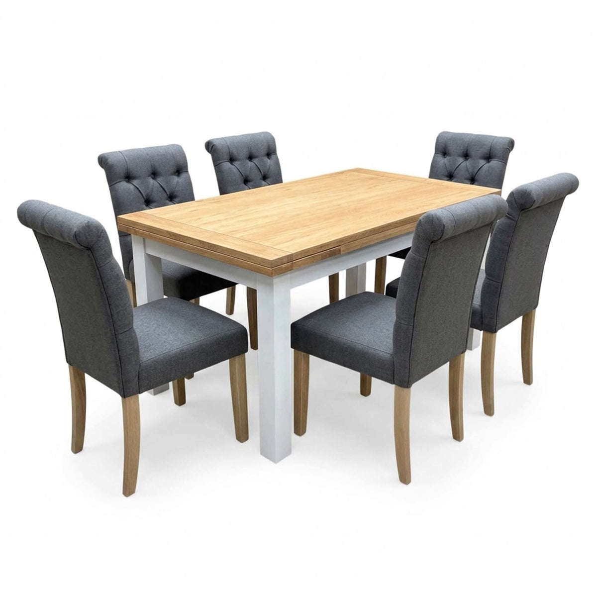 'Lewis' Solid Oak 120cm Large Draw Leaf Extending Dining Table with Anthracite Charcoal Grey Fabric Dining Chairs- Set of 6