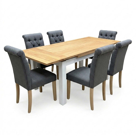 'Lewis' Solid Oak 120cm Large Draw Leaf Extending Dining Table with Anthracite Charcoal Grey Fabric Dining Chairs- Set of 6