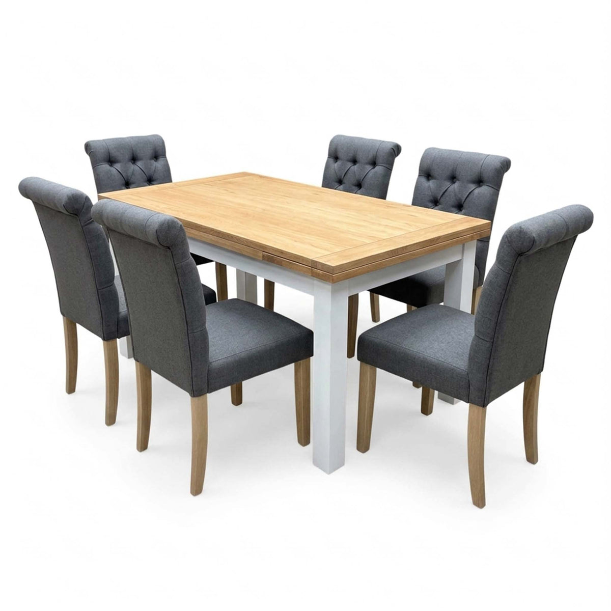 'Lewis' Solid Oak 120cm Large Draw Leaf Extending Dining Table with Anthracite Charcoal Grey Fabric Dining Chairs- Set of 6
