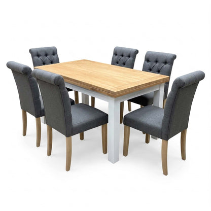 'Lewis' Solid Oak 120cm Large Draw Leaf Extending Dining Table with Anthracite Charcoal Grey Fabric Dining Chairs- Set of 6