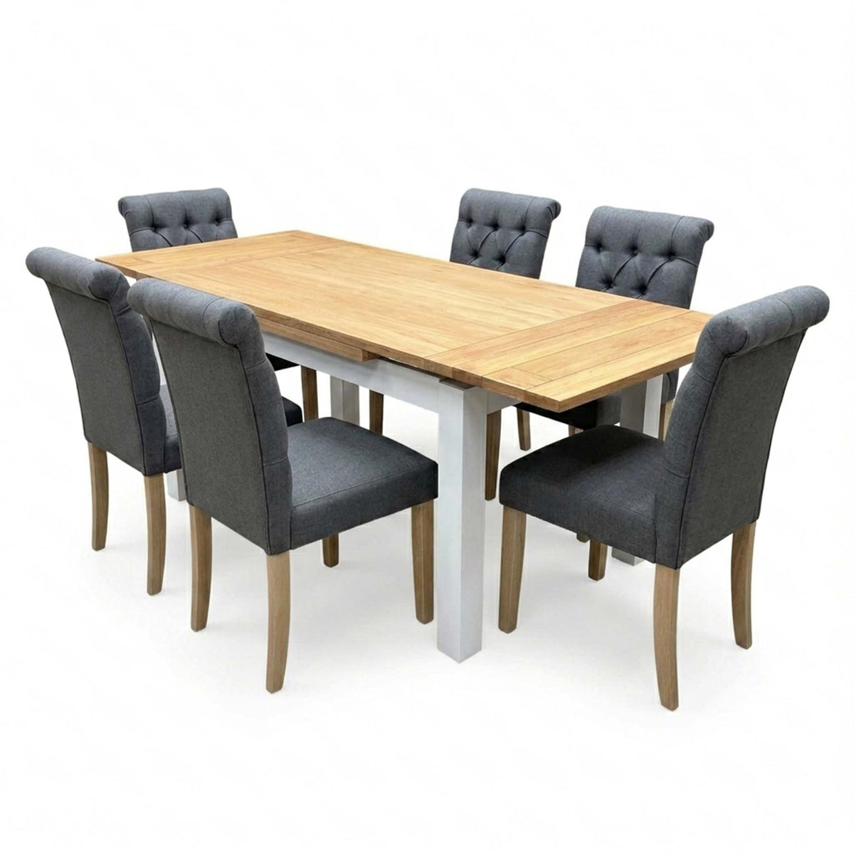 'Lewis' Solid Oak 120cm Large Draw Leaf Extending Dining Table with Anthracite Charcoal Grey Fabric Dining Chairs- Set of 6