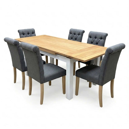 'Lewis' Solid Oak 120cm Large Draw Leaf Extending Dining Table with Anthracite Charcoal Grey Fabric Dining Chairs- Set of 6