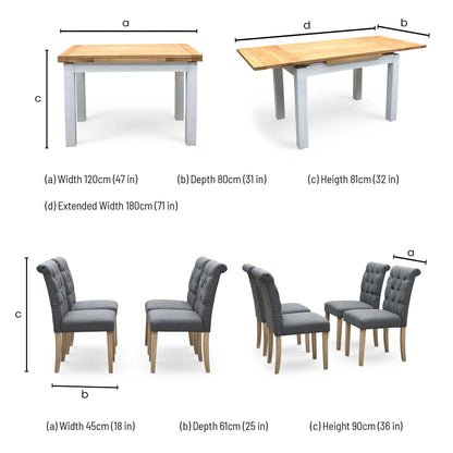 'Lewis' Solid Oak 120cm Large Draw Leaf Extending Dining Table with Anthracite Charcoal Grey Fabric Dining Chairs- Set of 4
