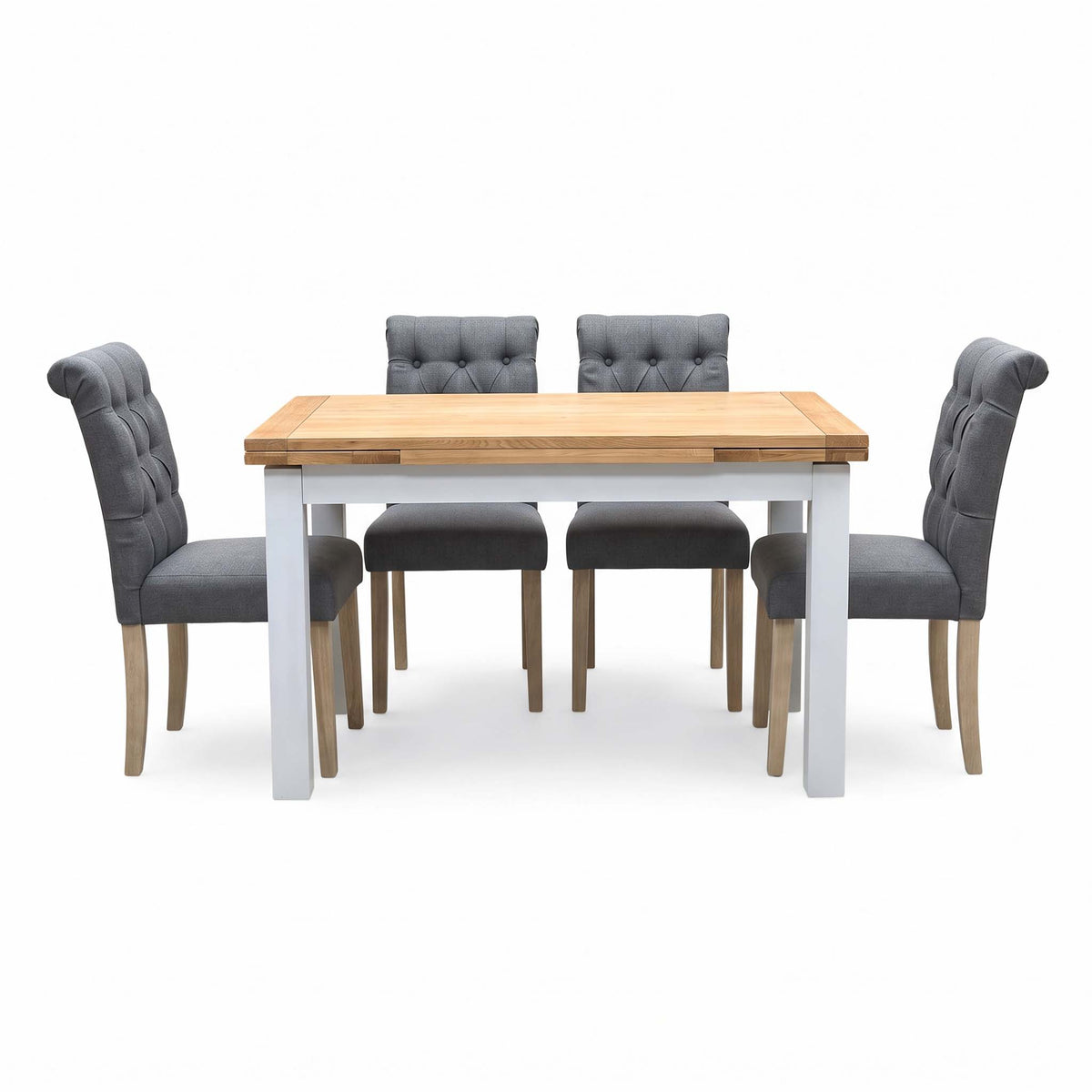 'Lewis' Solid Oak 120cm Large Draw Leaf Extending Dining Table with Anthracite Charcoal Grey Fabric Dining Chairs- Set of 4