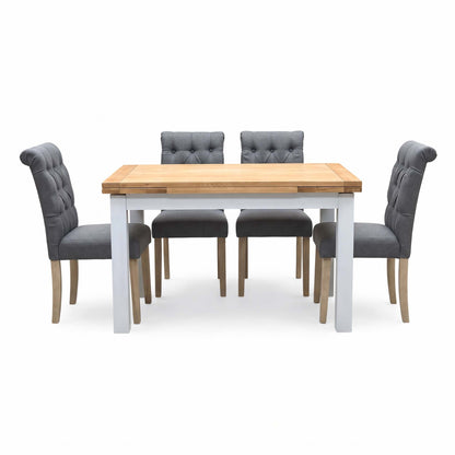 'Lewis' Solid Oak 120cm Large Draw Leaf Extending Dining Table with Anthracite Charcoal Grey Fabric Dining Chairs- Set of 4