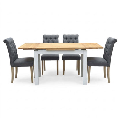 'Lewis' Solid Oak 120cm Large Draw Leaf Extending Dining Table with Anthracite Charcoal Grey Fabric Dining Chairs- Set of 4