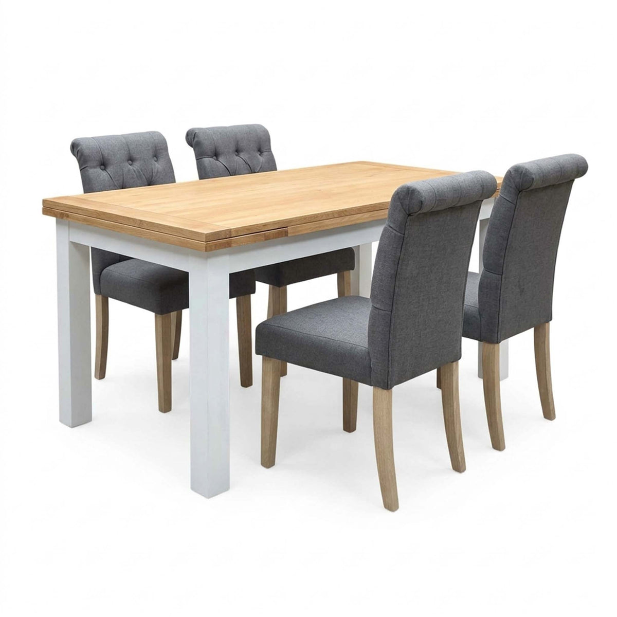 'Lewis' Solid Oak 120cm Large Draw Leaf Extending Dining Table with Anthracite Charcoal Grey Fabric Dining Chairs- Set of 4