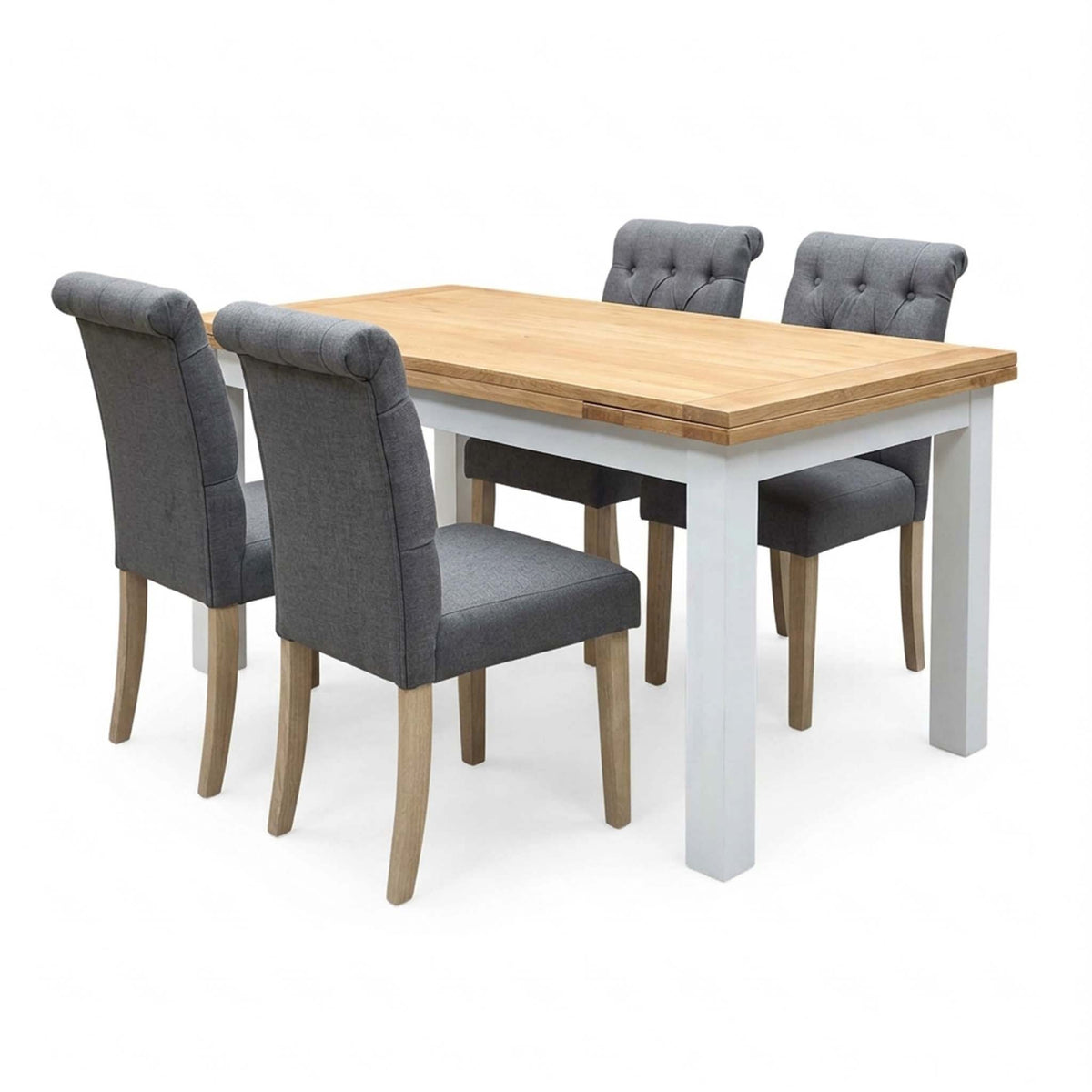 'Lewis' Solid Oak 120cm Large Draw Leaf Extending Dining Table with Anthracite Charcoal Grey Fabric Dining Chairs- Set of 4