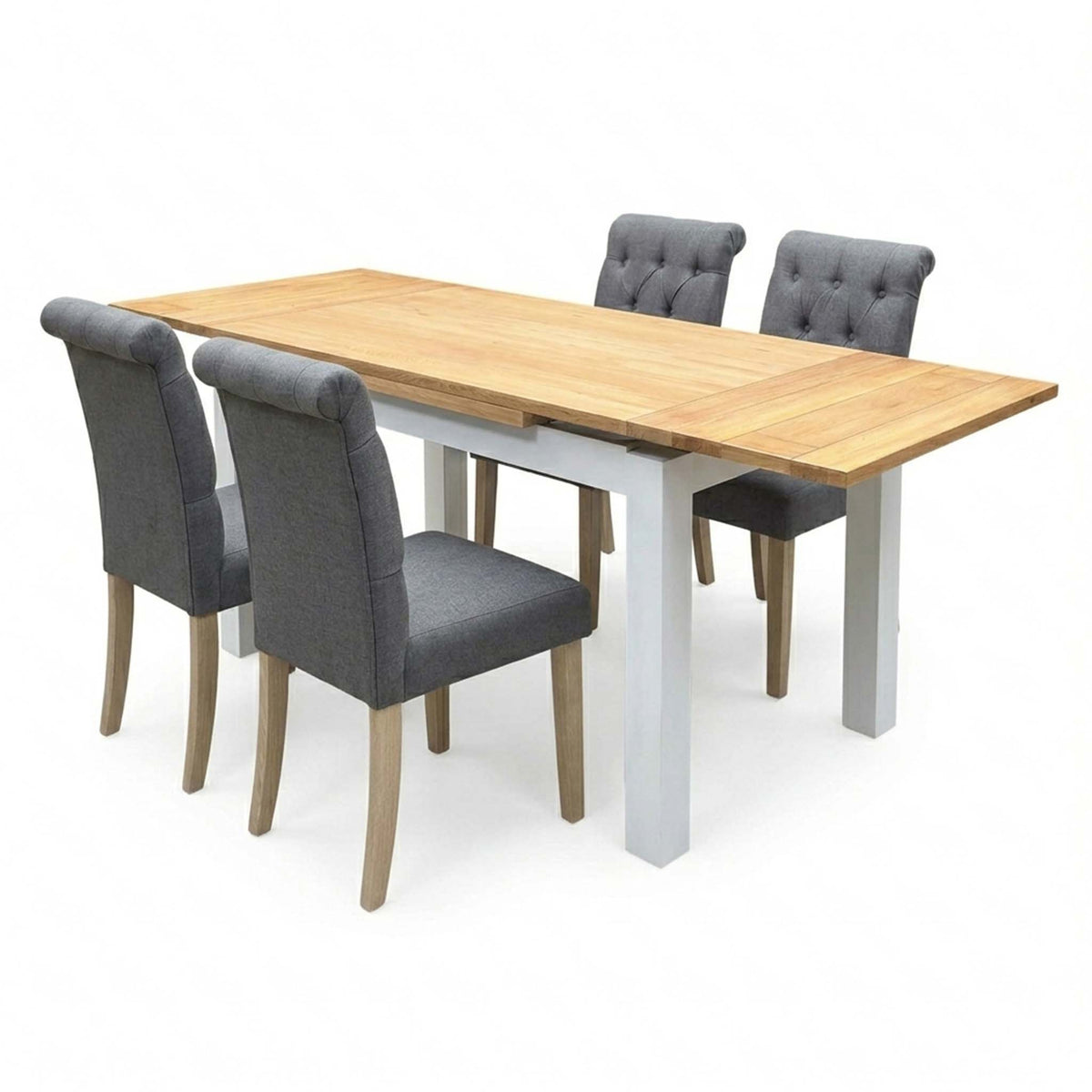 'Lewis' Solid Oak 120cm Large Draw Leaf Extending Dining Table with Anthracite Charcoal Grey Fabric Dining Chairs- Set of 4