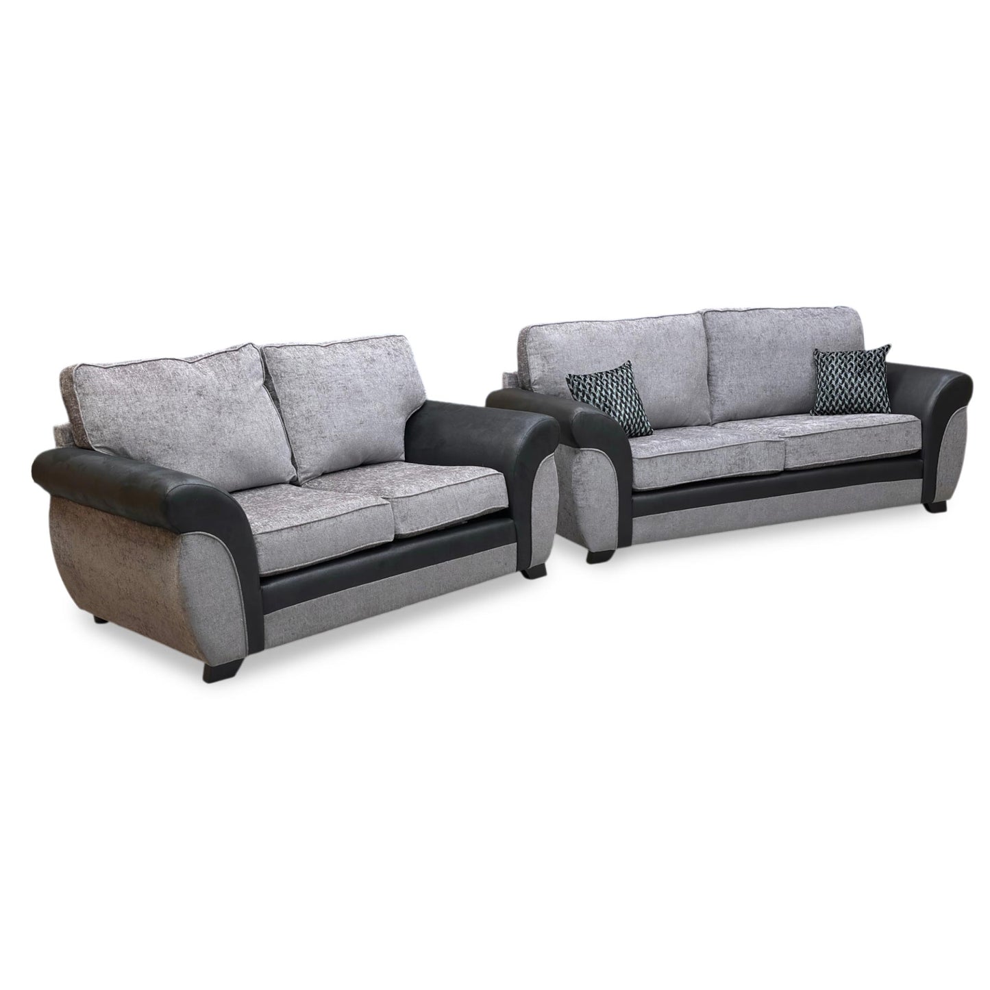'Narva' Grey Fabric and Faux Leather Combination Standard Back 3 Seater + 2 Seater Sofa Set