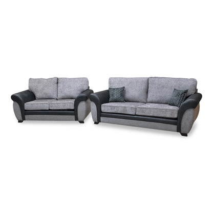 'Narva' Grey Fabric and Faux Leather Combination Standard Back 3 Seater + 2 Seater Sofa Set