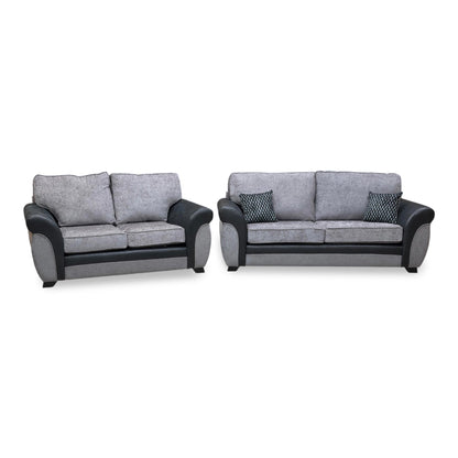 'Narva' Grey Fabric and Faux Leather Combination Standard Back 3 Seater + 2 Seater Sofa Set
