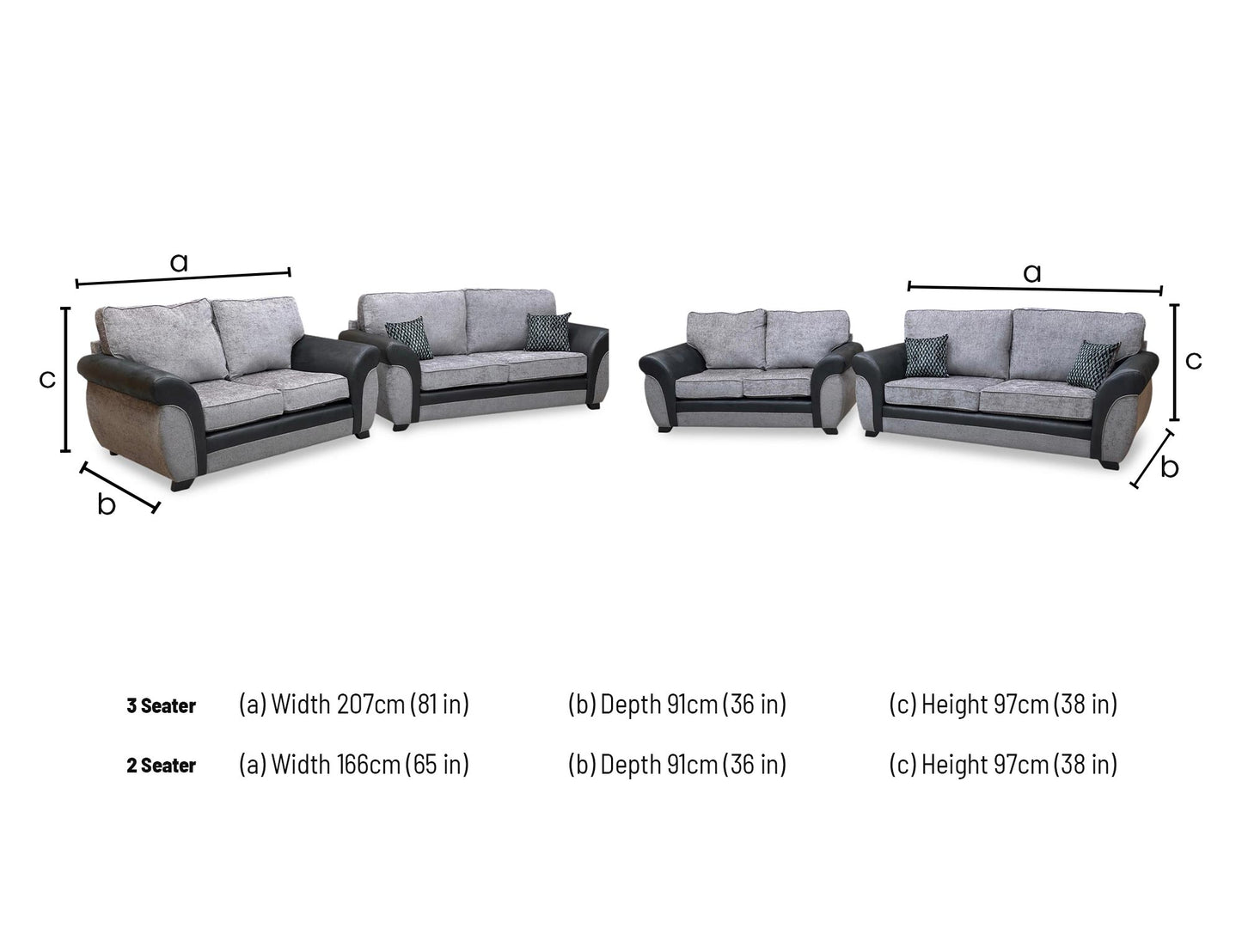 'Narva' Grey Fabric and Faux Leather Combination Standard Back 3 Seater + 2 Seater Sofa Set
