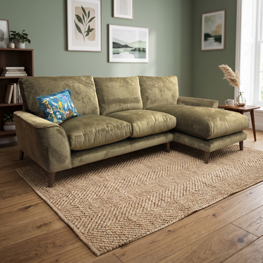 'Astrid' Green Fabric Right Hand Corner Chaise Sofa