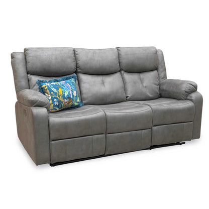 'Roma' Steel Suede Fabric Power Recliner 3 Seater Sofa With Drop Down Cup Holders and Wireless Charging