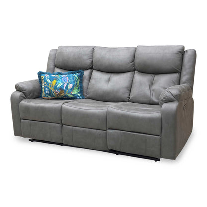 'Roma' Steel Suede Fabric Power Recliner 3 Seater Sofa With Drop Down Cup Holders and Wireless Charging
