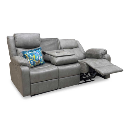 'Roma' Steel Suede Fabric Power Recliner 3 Seater Sofa With Drop Down Cup Holders and Wireless Charging