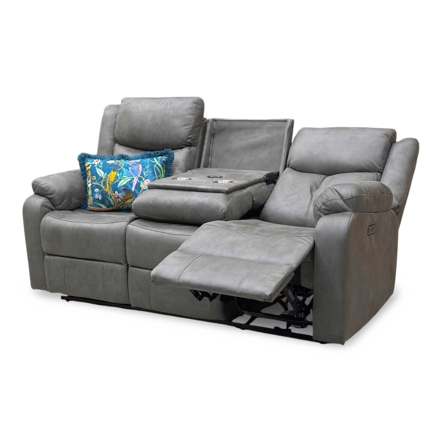 'Roma' Steel Suede Fabric Power Recliner 3 Seater Sofa With Drop Down Cup Holders and Wireless Charging