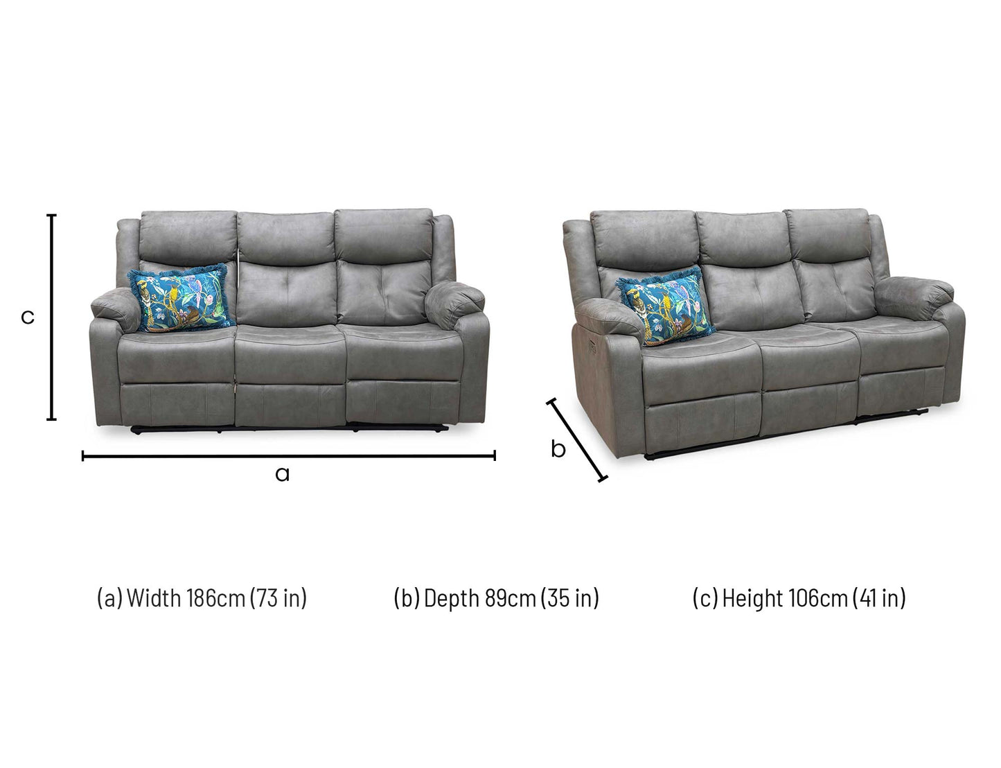 'Roma' Steel Suede Fabric Power Recliner 3 Seater Sofa With Drop Down Cup Holders and Wireless Charging