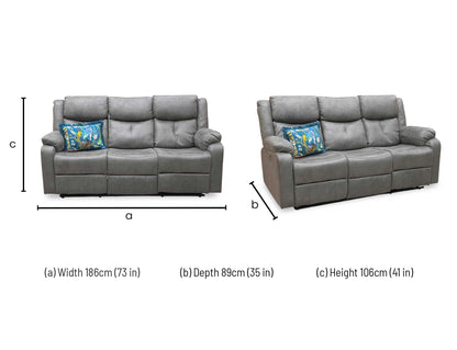 'Roma' Steel Suede Fabric Power Recliner 3 Seater Sofa With Drop Down Cup Holders and Wireless Charging