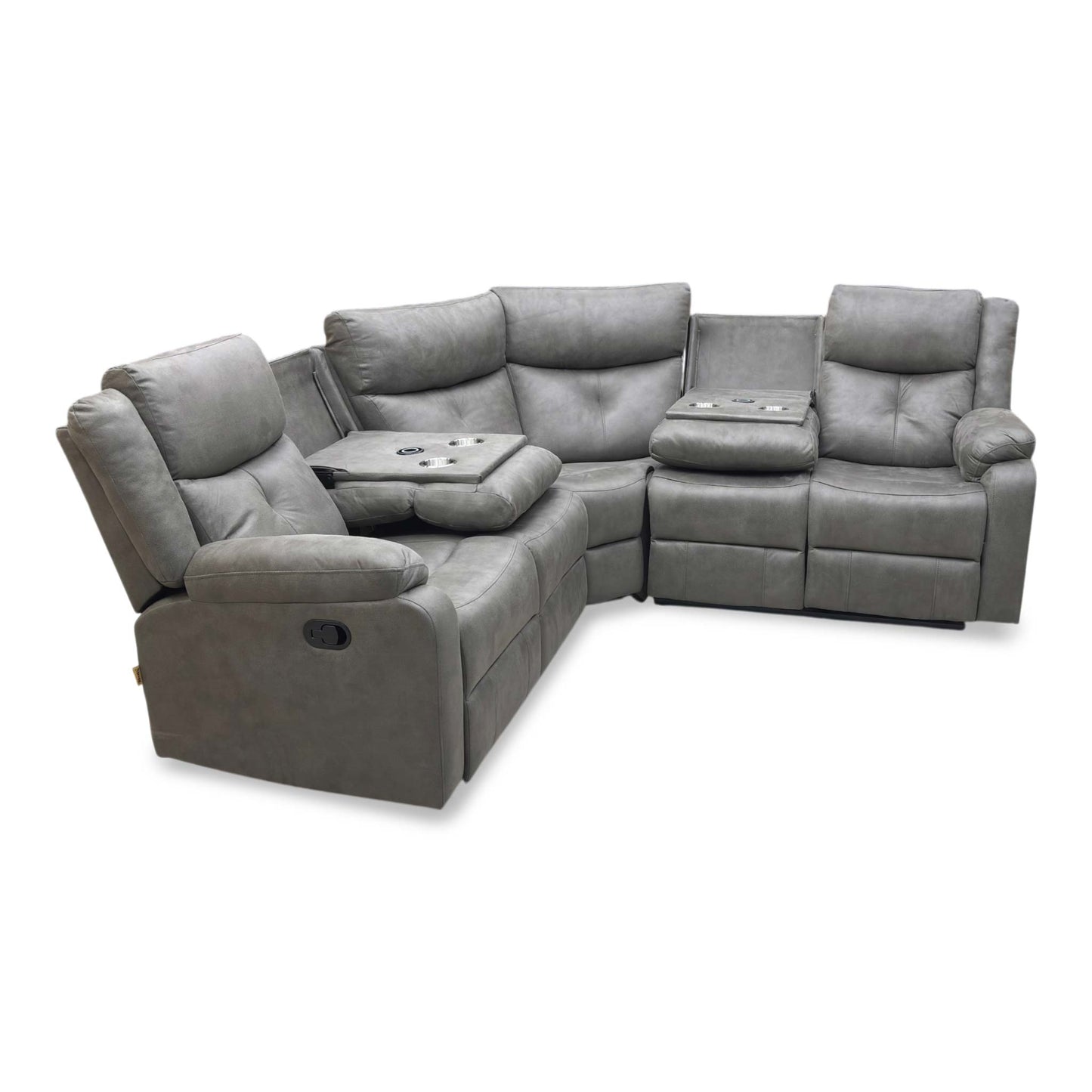 'Roma' Steel Suede Fabric Manual Recliner Corner Sofa With Drop Down Cup Holders and Wireless Charging