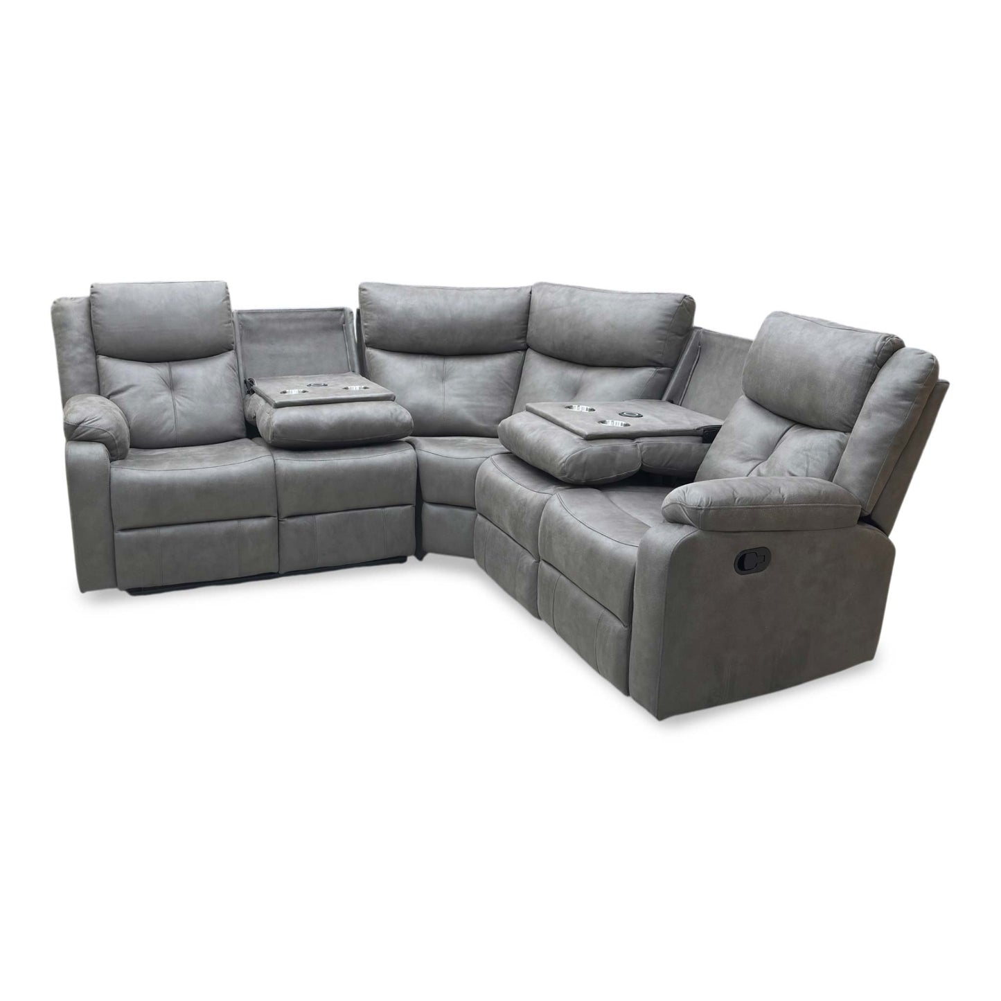 'Roma' Steel Suede Fabric Manual Recliner Corner Sofa With Drop Down Cup Holders and Wireless Charging