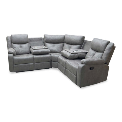 'Roma' Steel Suede Fabric Manual Recliner Corner Sofa With Drop Down Cup Holders and Wireless Charging