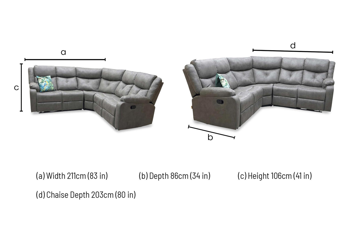 'Roma' Steel Suede Fabric Manual Recliner Corner Sofa With Drop Down Cup Holders and Wireless Charging