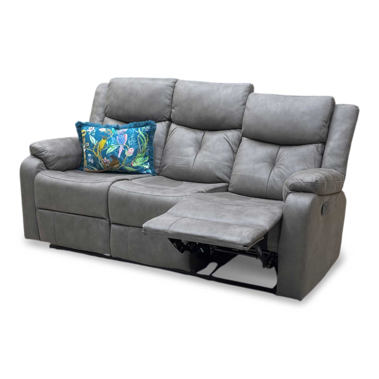 Side profile view of the Roma 3-seater, showing the deep-filled back cushions and the sleek silhouette of the reclining frame.