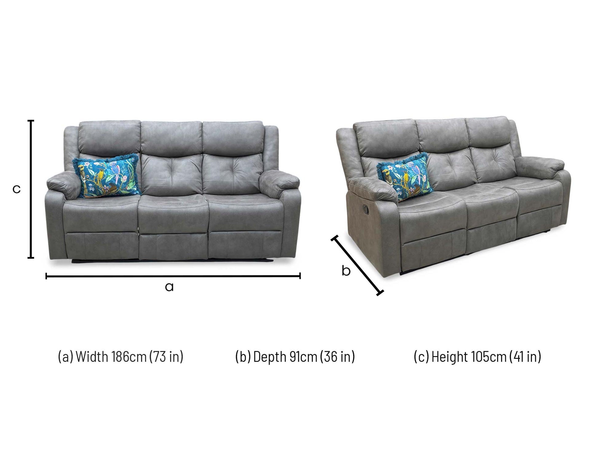 Dimensions diagram for the Roma 3-seater manual recliner.