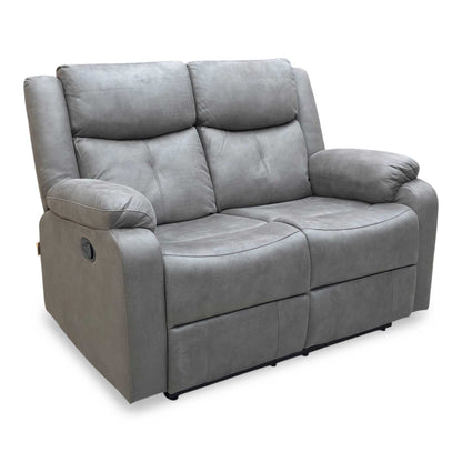 Full view of the Roma 2-seater manual recliner sofa upholstered in Steel grey suede-effect fabric with a modern, high-back design.
