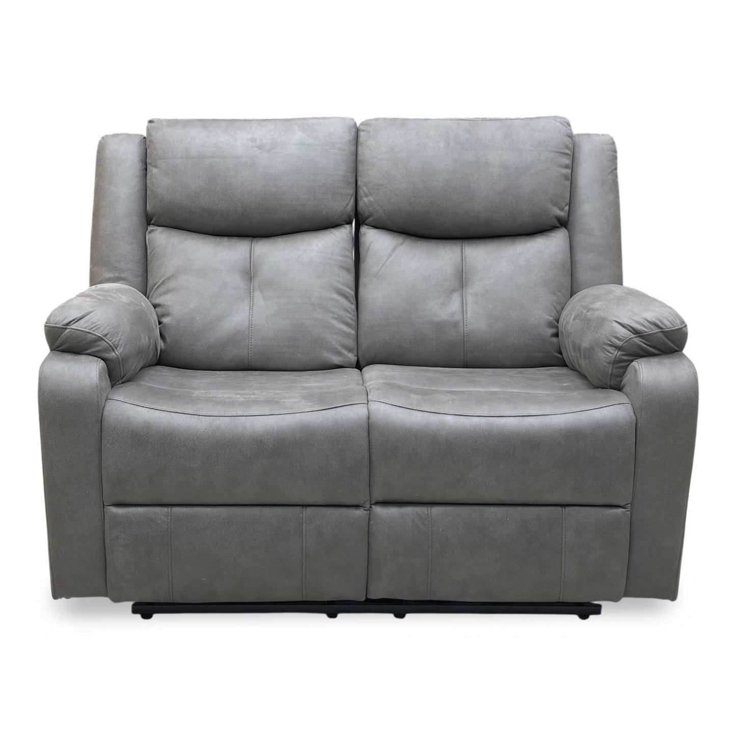 Front view of the Roma 2-seater manual recliner sofa upholstered in Steel grey suede-effect fabric with a modern, high-back design.