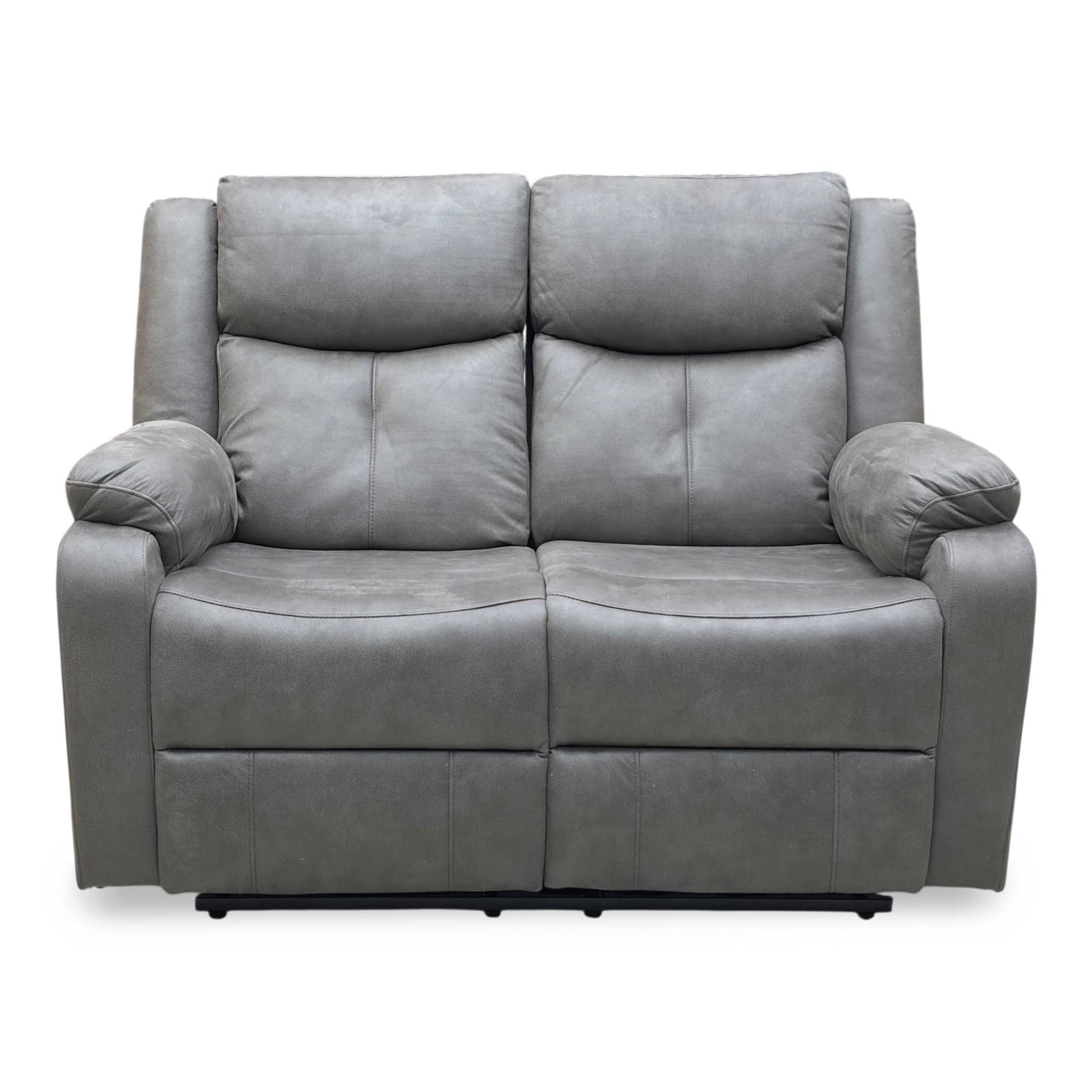Front view of the Roma 2-seater manual recliner sofa upholstered in Steel grey suede-effect fabric with a modern, high-back design.