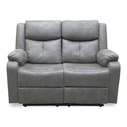 Front view of the Roma 2-seater manual recliner sofa upholstered in Steel grey suede-effect fabric with a modern, high-back design.