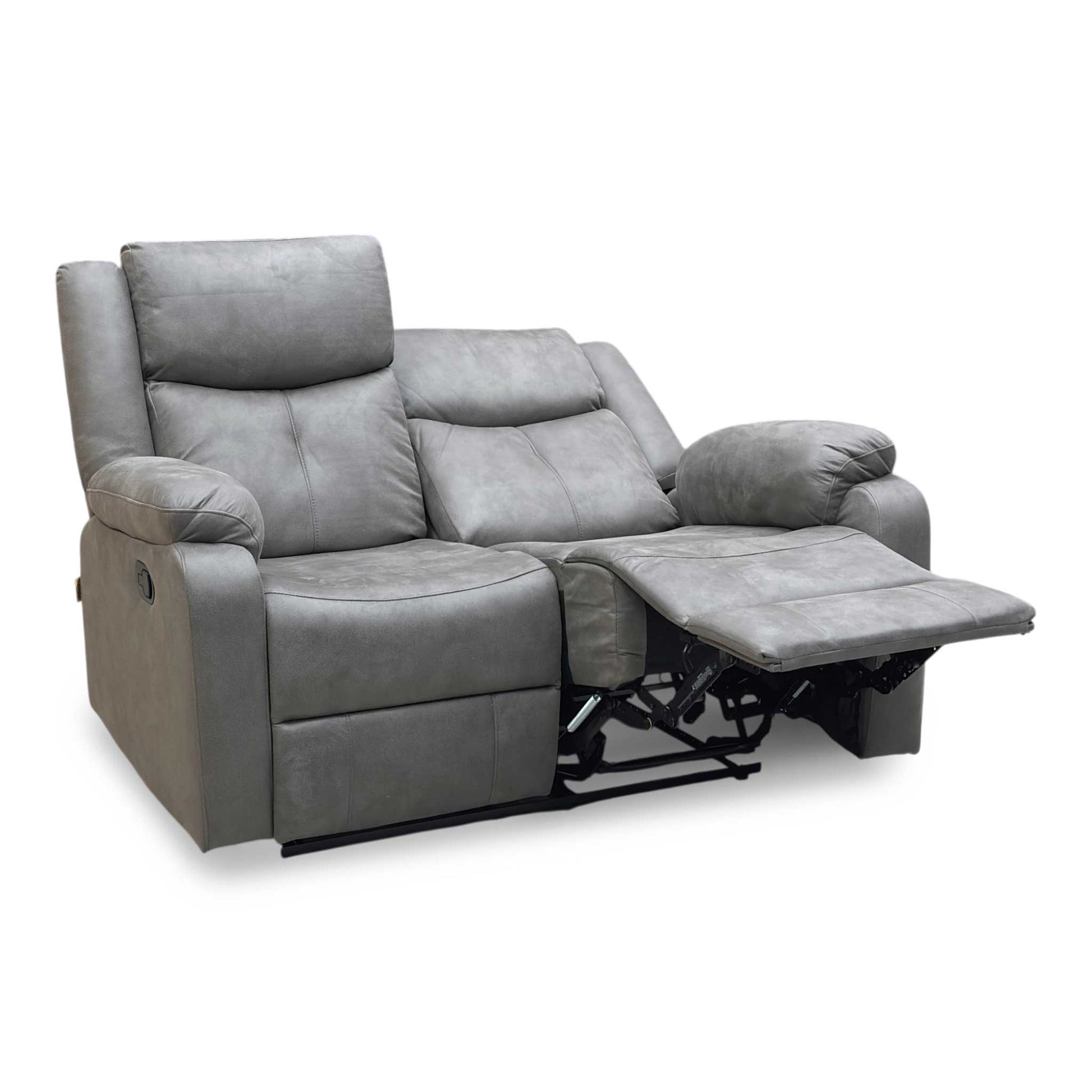 Side profile of the sofa, showing the deep cushioning of the backrest and the sturdy construction of the recliner frame.