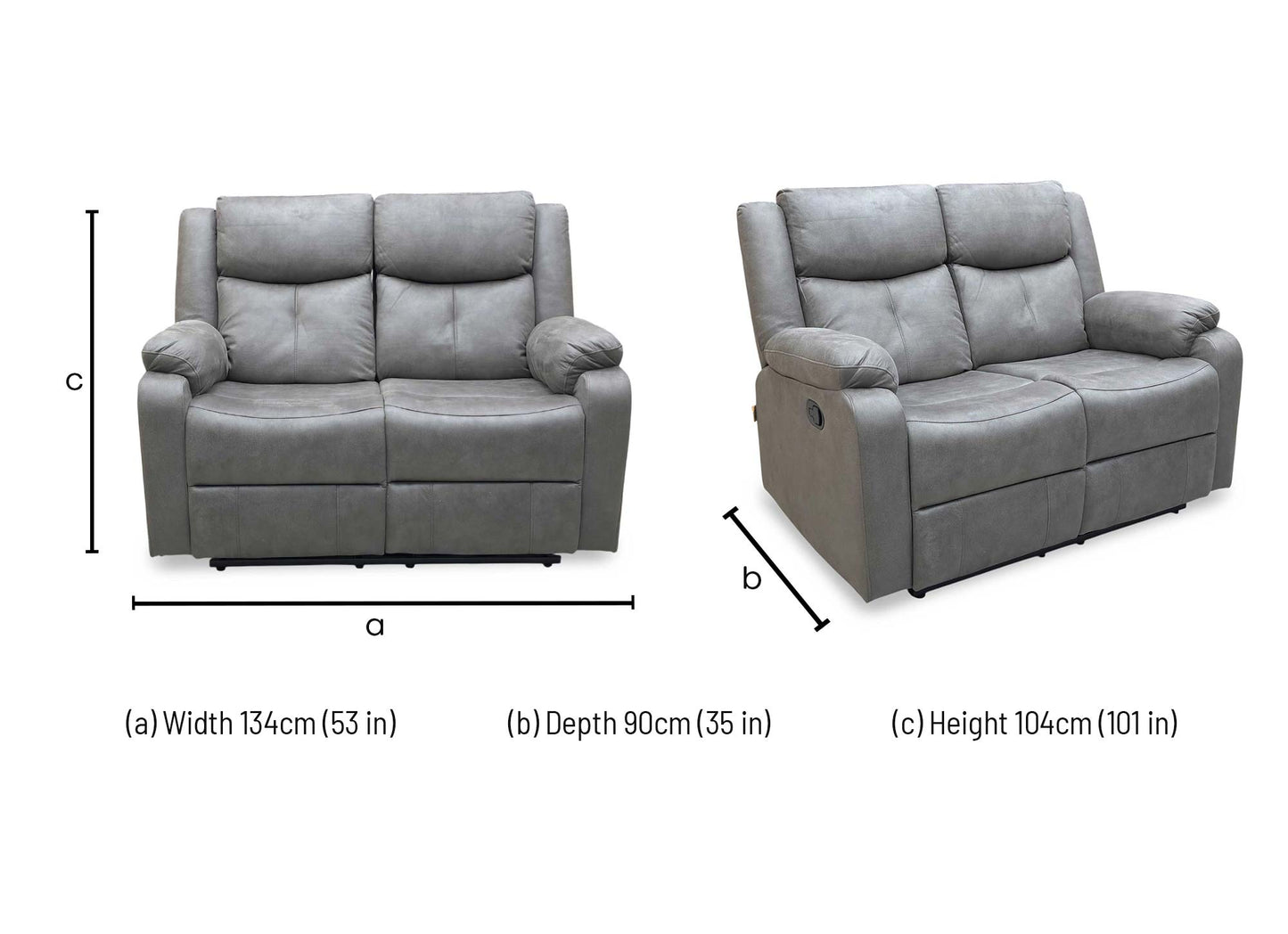 Dimensions diagram for the Roma 2-seater manual recliner.