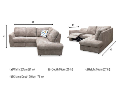 'Heydon' Mocha Cord Fabric Left Hand Facing Arm Open End Corner Power Recliner