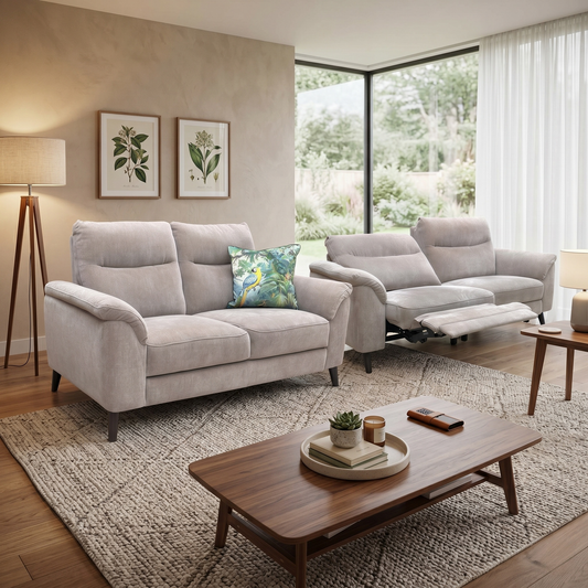 ‘Morgan’ Manhattan Nutmeg 58005 Linen Fabric Set: 3 + 2 Static Seater Sofa with Power Recliner