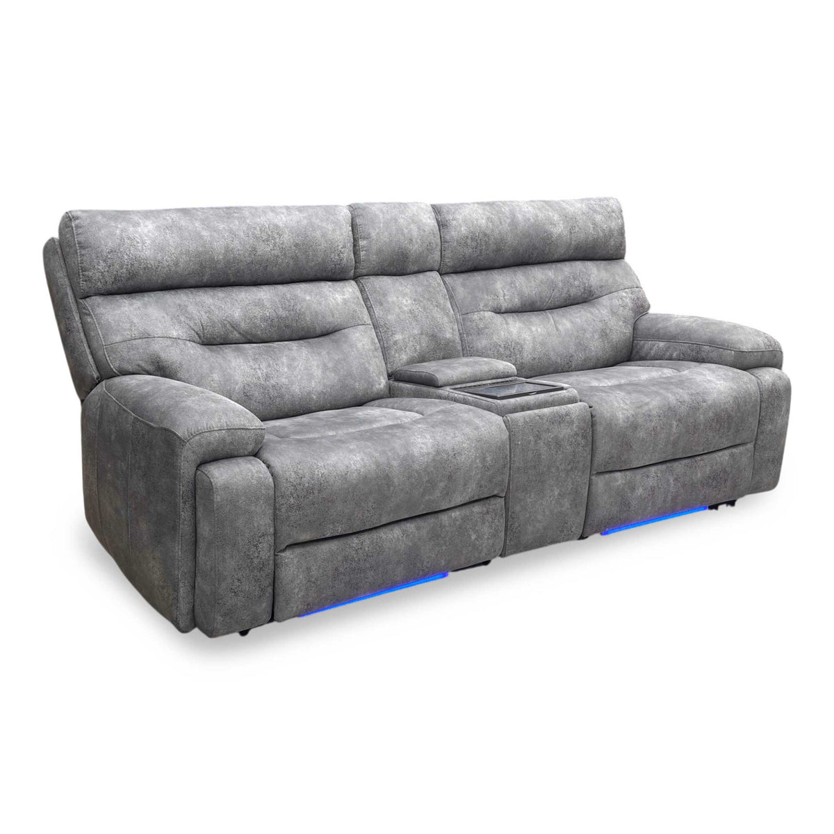 ‘Cinemax’ Marque Seal Grey Mq-0106 Fabric 3 Seater Media Console Power Recliner Sofa with Power Headrests Furniture Village