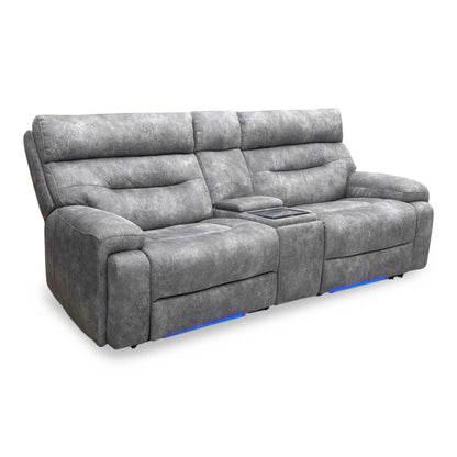‘Cinemax’ Marque Seal Grey Mq-0106 Fabric 3 Seater Media Console Power Recliner Sofa with Power Headrests Furniture Village