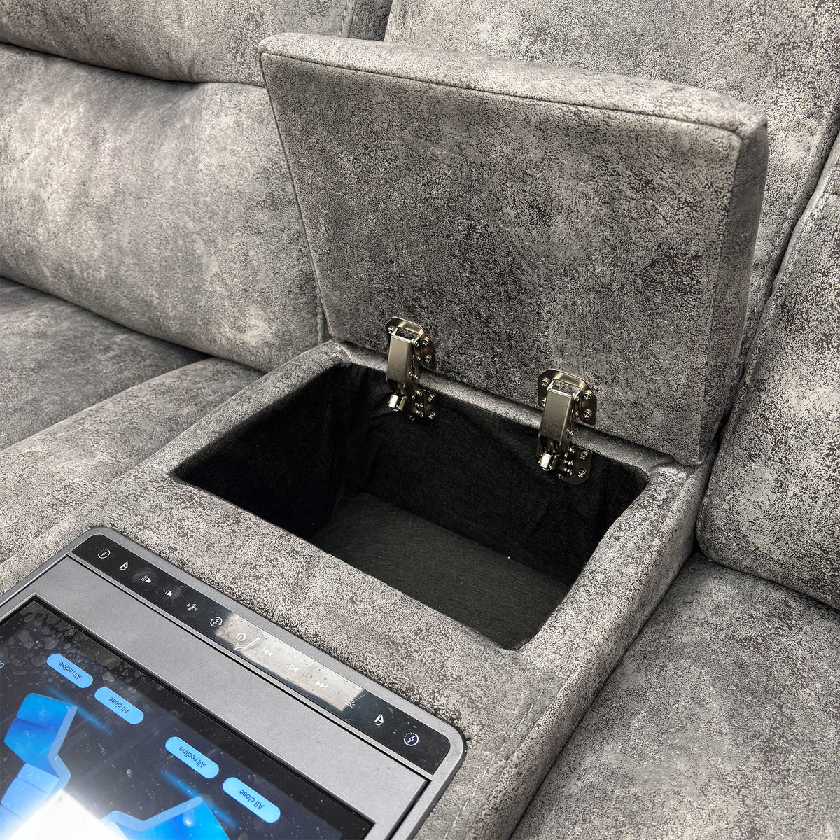 ‘Cinemax’ Marque Seal Grey Mq-0106 Fabric 3 Seater Media Console Power Recliner Sofa with Power Headrests Furniture Village